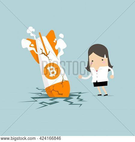 Businesswoman With Bitcoin Rocket Crash Flying Down. Bitcoin Price Collapse, Crypto Currency Volatil