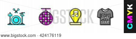 Set Drums, Disco Ball, Music Note, Tone And T-shirt Icon. Vector