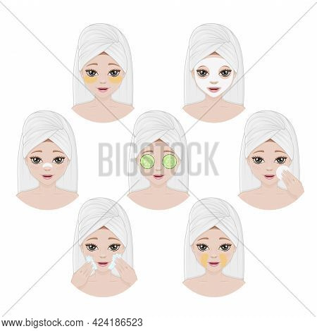 Collection Of Womens Faces With Different Ways Of Skin Care And Cleaning. Beauty Treatments. Vector 