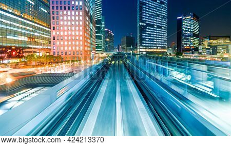 Abstract High Speed Technology Pov Train Motion Blurred Concept From The Yuikamome Monorail In Tokyo