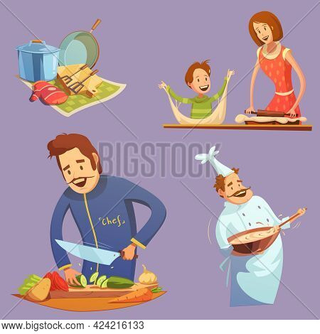 Cooking Retro Cartoon Icon Set Utensil Mother And Son Cutting Chef Vector Illustration