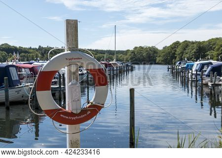 Ry, Denmark - June 16 2021: Ry Marina By Silkeborg, Beautiful Marina With Both In The Background And