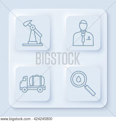 Set Line Oil Pump Or Pump Jack, Businessman Or Stock Market Trader, Tanker Truck And Oil Drop. White