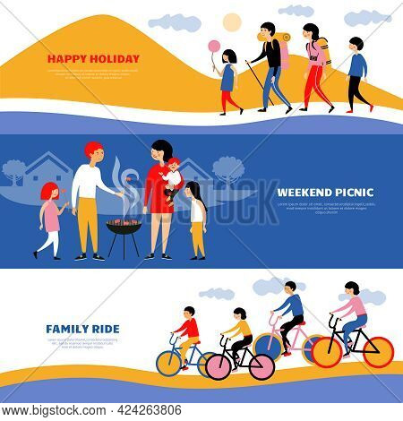 Holiday Weekend Family Bbq Picnic 3 Flat Horizontal Banners Set With Bicycle Ride Abstract Isolated 
