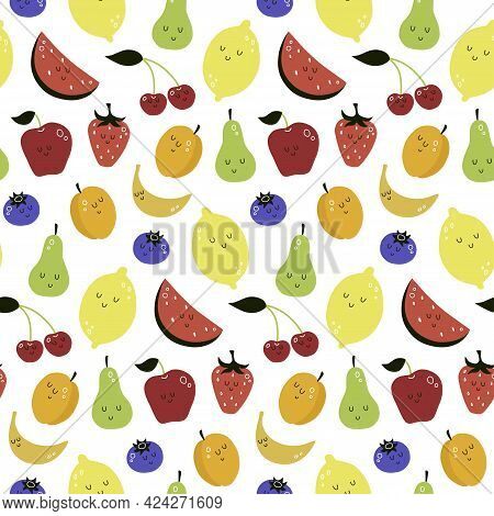 Vector Seamless Pattern With Cartoon Fruits. Apricot, Cherry, Watermelon, Pear, Berries, Strawberry,