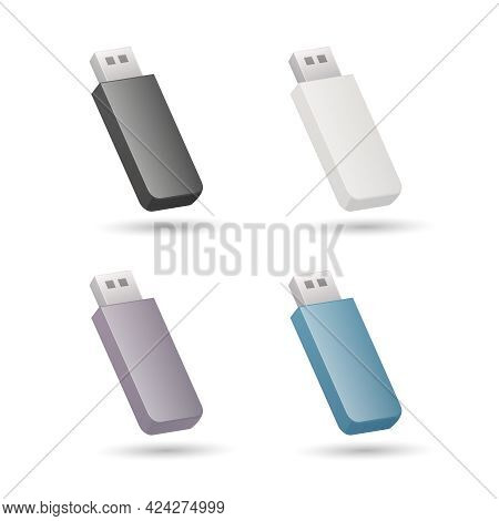Flash Memory Set. Colored Vector Illustration. Electronic Data Storage Device. Isolated On White Bac