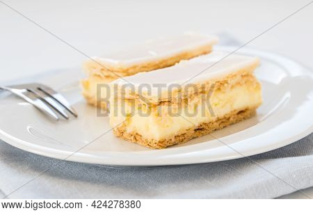 Traditional Swiss Custard Slice With Icing (cremeschnitte In German), Close Up