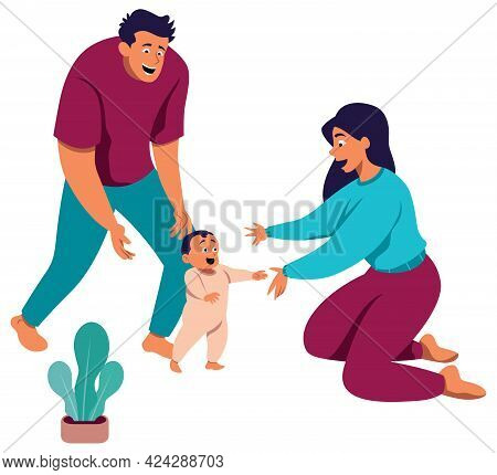 Full Length Illustration Of Little Baby Boy Making His First Steps In Front Of Mom And Dad.