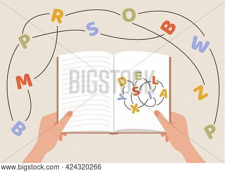 Dyslexia Concept. A Person Hands Holding A Book. Failing To Read. Learning Disability. Confused, Ent
