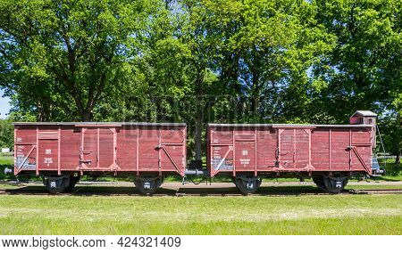 Westerbork, Netherlands - June 08, 2021: Two Old Railway Wagon In Fromer Camp Westerbork, Netherland