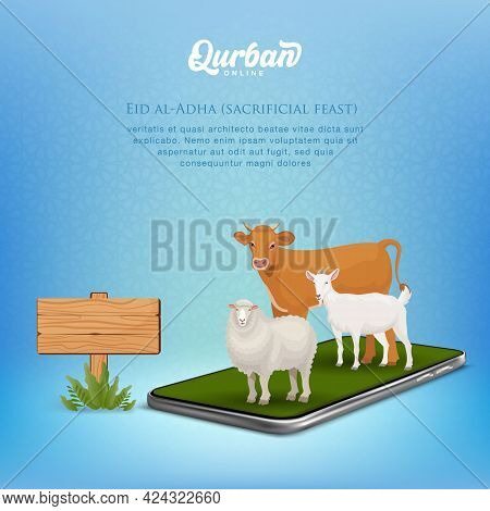 Online Qurban Mobile Application Concept. Illustration Of A Smart Phone With Sacrificial Animal For 