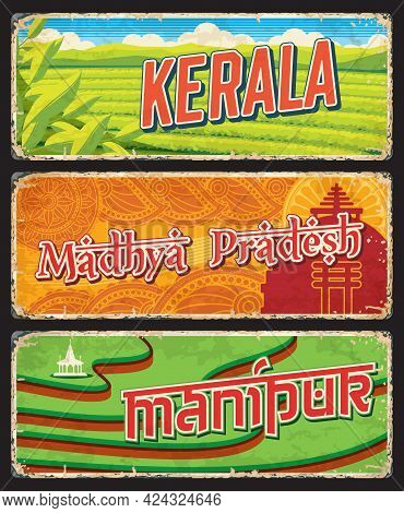 Kerala, Madhya Pradesh And Manipur States Of India Vector Vintage Plates. Indian Tea Plantation Of M