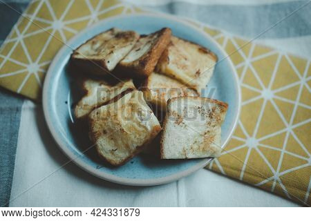 Close Up On Dish Plate With French Toasts Also Known As Eggy Bread Made Of Sliced Bread Soaked In Be