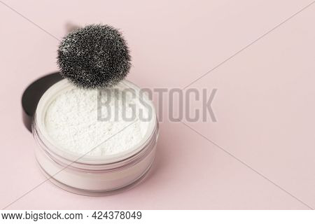 Loose White Face Powder With Black Brush. Professional Cosmetics.
