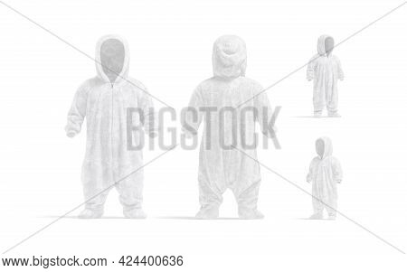 Blank White Kid Plush Jumpsuit With Hood Mockup, Different Views, 3d Rendering. Empty Hooded Apparel