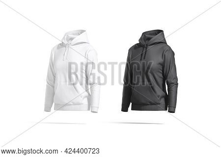 Blank Black And White Women Sport Hoodie Mockup, Side View, 3d Rendering. Empty Female Textile Outfi