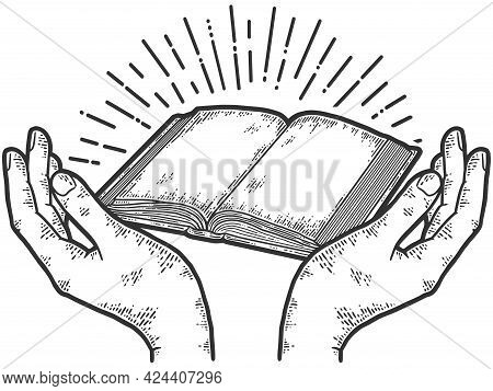 Hands Extol The Book. Sketch Scratch Board Imitation Coloring.