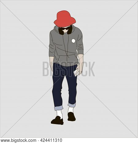 Vector Illustration Of Kpop Street Fashion. Street Idols Of Koreans. Kpop Men's Fashion Idol.a Guy I