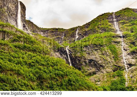 Kjelfossen Waterfalls Kjell Falls Seen From Gudvangen Village, Sogn Og Fjordane, Norway. Waterfall I