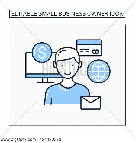 Ecommerce Business Line Icon. Digital Economy. Financial And Trading Transactions Through Computer N