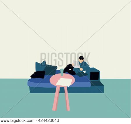 Man Reading News On Chair.  Lockdown At Home. Remote Work Concept. Stay At Home. Coronavirus Panic. 
