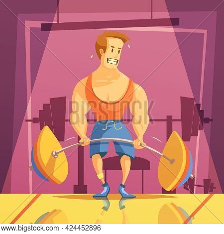 Deadlift And Gym Cartoon Background With Weight Man And Barbell Vector Illustration