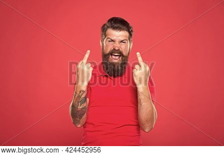 Hate You All. Rude Guy Show Middle Finger Red Background. Hand Gesture. Sign Language. Gesture Commu
