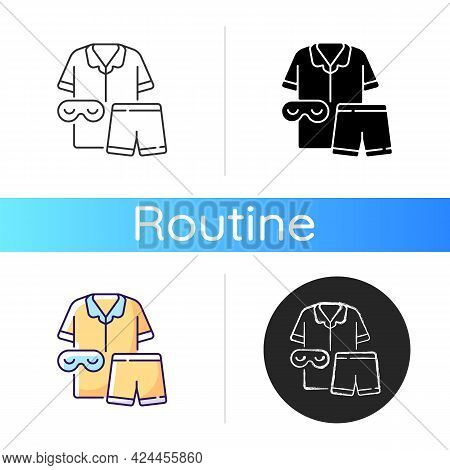 Pajamas Icon. Unisex Pyjamas And Eyewear. Pants And Shirt For Sleep. Bedroom Clothing For Nighttime.