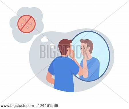 Teenage Boy Upset Over Acne 2d Vector Isolated Illustration. Facial Issue, Pimples On Skin. Unhappy 