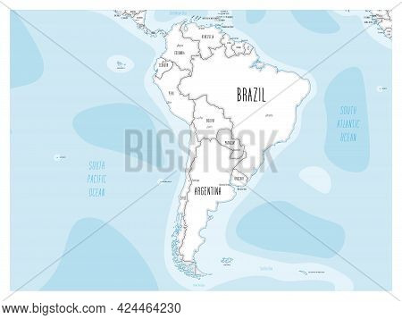 Political Map Of South America. Black Outline Hand-drawn Cartoon Style Illustrated Map With Bathymet