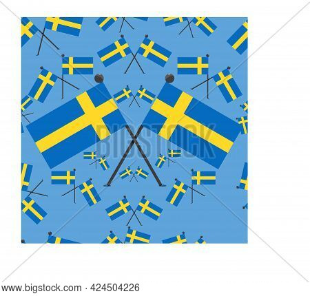 Vector Illustration Of Pattern Sweden Flags And Blue Colors Background.