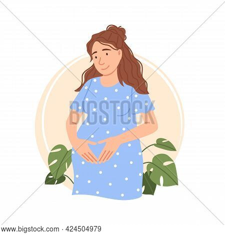Flat Pregnant Woman Isolated Portrait. Caucasian Pretty Expectant Lady Touching Belly. Young Smiling