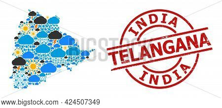 Climate Mosaic Map Of Telangana State, And Scratched Red Round Seal. Geographic Vector Concept Map O