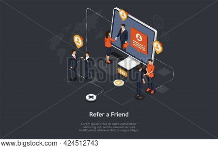 Friend Refferal Program Conceptual Design. Special Bonus And Benefit System. Isometric Vector Illust