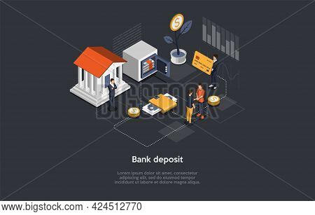 Isometric Vector Composition. Cartoon 3d Style Conceptual Illustration With People And Objects. Bank