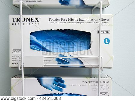 Caldwell, Idaho - November 2, 2016: Exam Gloves From Tronix Ready For Use In An Exam Room