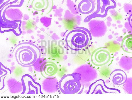 Watercolor Paint Abstract Multicolor Background. Pink, Green And Violet Spot And Spiral Texture. Bac