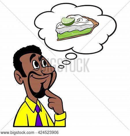 Man Thinking About Key Lime Pie - A Cartoon Illustration Of A Man Thinking About Eating Key Lime Pie