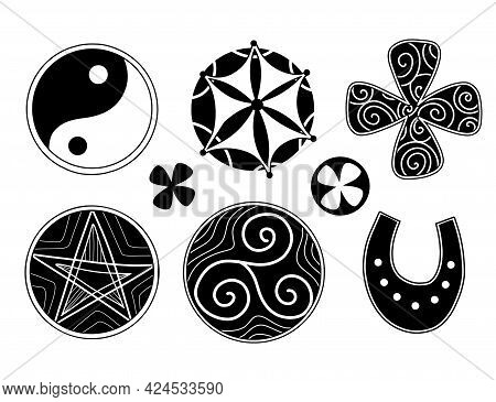 Set Of Silhouettes Of Lucky Charms. Triskelion, Yin Yang, Clover And Stars. Vector Black Icons For D