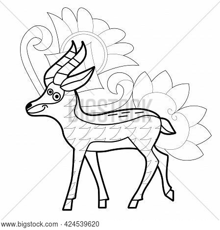 Contour Linear Illustration With Animal For Coloring Book. Cute Antilope, Anti Stress Picture. Line 