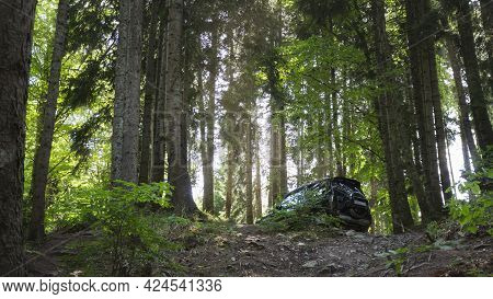 Amazing Off-road Destinations. The Car Stands On A Hillock In The Forest, Surrounded By High Trees. 