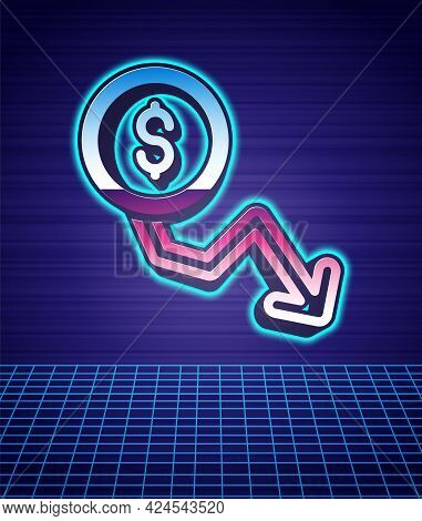 Retro Style Dollar Rate Decrease Icon Isolated Futuristic Landscape Background. Cost Reduction. Mone