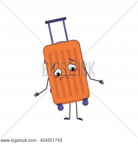 Cute Character Of Vacation Suitcase With Sad Emotions, Downcast Eyes, Depressing Face, Arms And Legs
