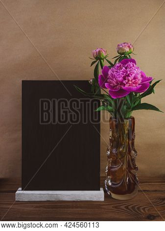 Blank Chalkboard Mockup With Pink Peony On Brown Kraft Paper Background Blackboard Mockup And Beauti