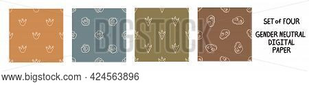 Seemless Background Dinosaur Foot Print Set Of 4 Patterns. Whimsical Minimal Earthy 2 Tone Color. Ki