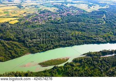 Aerial View Of Drava River And Legrad Village, Podravina Region Of Croatia, Border With Hungary