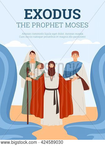 Exodus Banner Or Poster With Moses Splitting The Sea, Flat Vector Illustration.