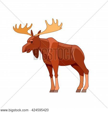 Moose Or Elk, Alces Alces. Beautiful Animal In The Nature Habitat Side View. Wildlife Scene. Cartoon