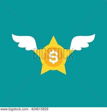 Gold Dollar Star With White Wings. Flat Icon Isolated On Blue Background. Flying Money Award, Prize.