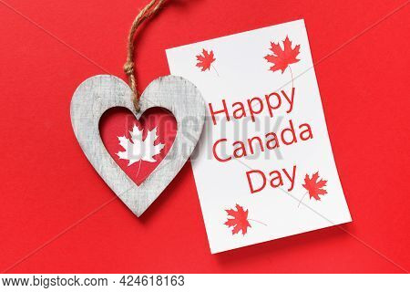 Happy Canada Day Greeting Card. Wooden Heart, Blank, Copy Space